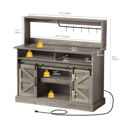 DWVO Farmhouse Buffet Cabinets, 47" Coffee Bar with Goblet Holder & Power Outlet, Sliding Barn Door Sideboard Cabinet for Kitchen & Living Room Storage (Rustic Grey Oak)