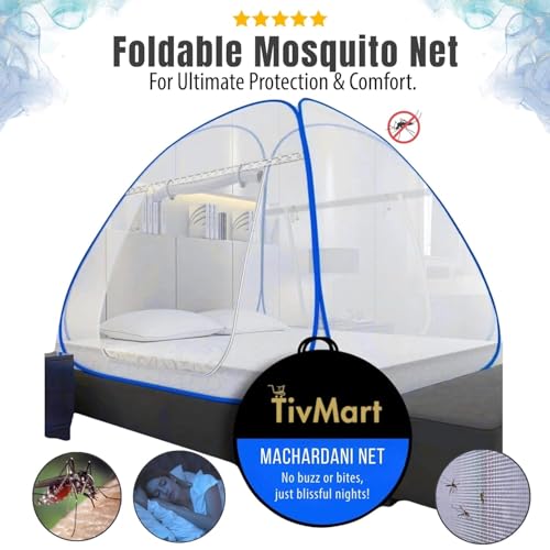 Image of King Size Foldable Mosquito net for Double Queen Bed | Pack of 2 | 30 GSM Polyester Fabric | Corrosion Resistant Steel Frame | Foldable Tent Style machardani with Dual Zipper | Blue