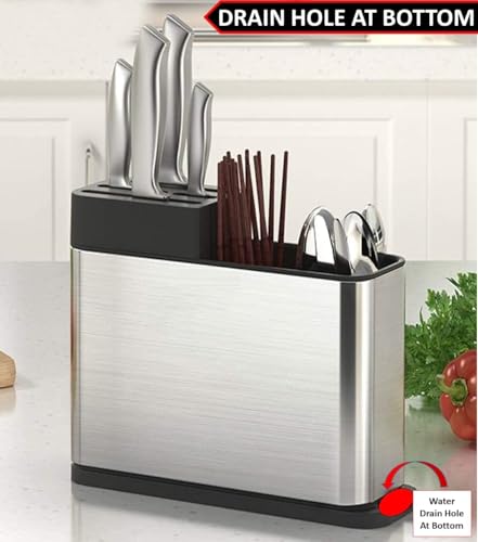 Image of Openja 3 Compartment Knife and Cutlery Holder for Kitchen with Drain Hole at Bottom Stainless Steel Fully Detachable Knife and Spoon Holder Multi-Purpose.