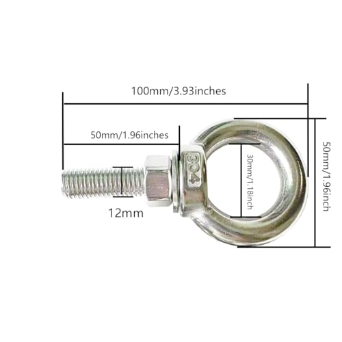 Image of 304 Stainless Steel Shoulder Eye Bolts, 2 PCS M12 Heavy Duty Eye Bolt Lifting Ring 2 inch Threaded Eyebolt with Nuts and Flat Washers(Thread Length 50mm) Muti-Function for Indoor Outdoor