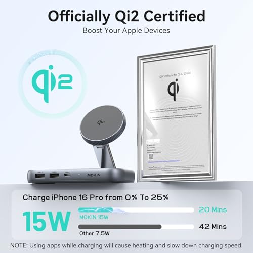 Image of MOKiN USB C Hub with 15W Qi2 Wireless Charger, Laptop Docking Station to 4K HDMI, 100W PD, 10Gbps Ports, 15W+5W Wireless Charging Stand for iPhone 16 /15 /14 /13 & Airpods, USBC Dock for MacBook /Windows