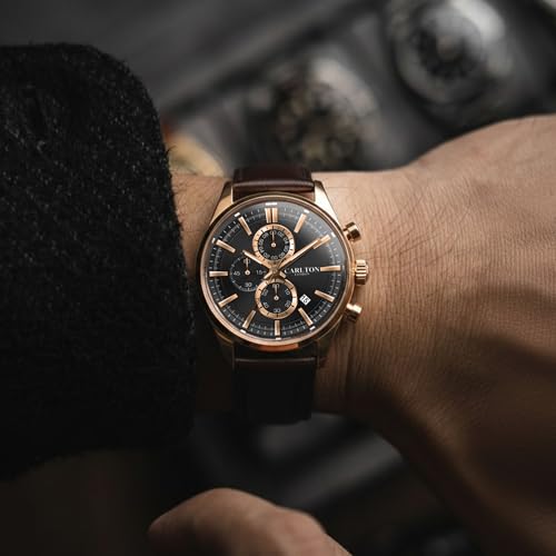 Image of Carlton London Windsor Men Analog Watch, Round Dial, Leather Strap, Quartz Movement, 43 mm Case, Slim Design, Lightweight Comfort, 30M Water Resistant, Casual Formal Wear