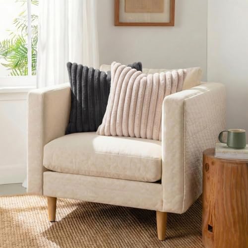 Image of Pallene Faux Fur Plush Throw Pillow Covers 18x18 Set of 2, Luxury Soft Fluffy Striped Decorative Pillow Covers for Sofa, Couch, Living Room, Dark Grey