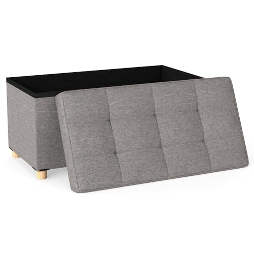 COSTWAY Puff Almacenaje de 78 L, Puff Banco de Tela de Lino al Final de Cama con Bandeja y Patas de Madera de Caucho, Taburete Reposapiés para Salón, Dormitorio y Entrada, 76 x 38 x 39 cm, Gris