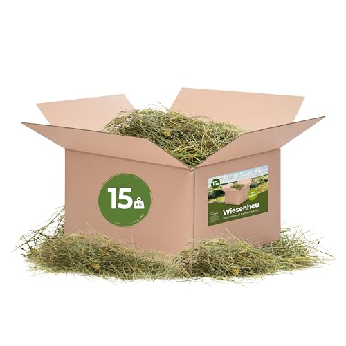 Bolson frisches & unbehandeltes Wiesenheu (15 kg) - 1. Schnitt Heu mit Gräsern & Blüten aus Bayern - direkt ab Hof verpackt - hochwertiges Heu zur Fütterung & Einstreu von Kaninchen, Hamster & Co.