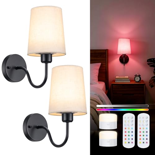 Image of Battery Operated Wall Sconce Set of 2, Rechargeable Wall Sconces with 10000mAh Dimming Magnetic Bulb, Wireless Battery Powered Wall Lights with Pleated for Bedroom Living Room Gallery Hallway,Black