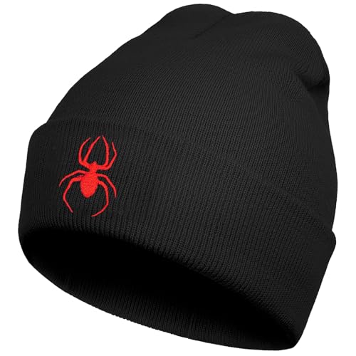 Black Winter Beanie for Men Embroidery Spider Goth Skull Cap Beanies Hats for Men Winter Warm Knitted Hat Cuffed Knit Beanie Hat Cap Mens Hiphop Skeleton Funny Ski Skater Beanie Caps