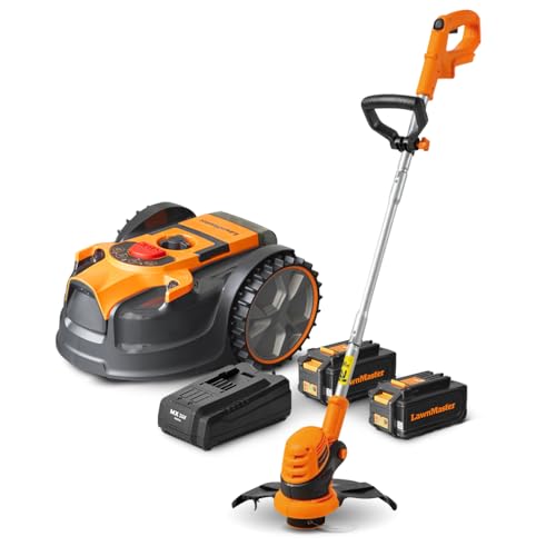 Lawnmaster - Robot cortacésped independiente de 24 V inalámbrico perimetral, el robot más simple del mercado + corte bordes 24 V y 2 baterías.