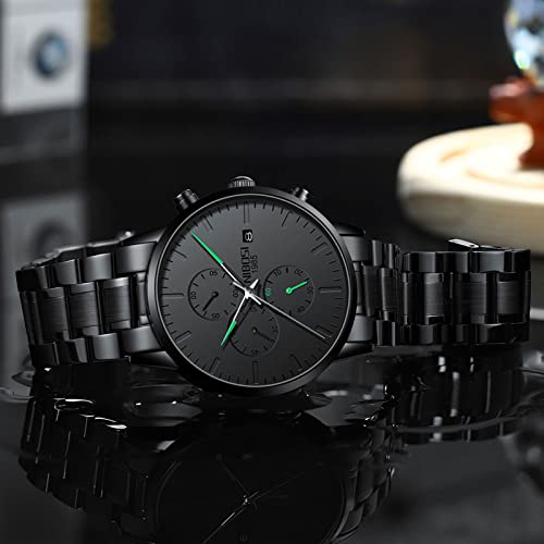 Image of NIBOSI Men's Watches Analog Minimalist Black Dial Watch for Man Business Chronograph Casual Watches Stainless Steel Strap Date