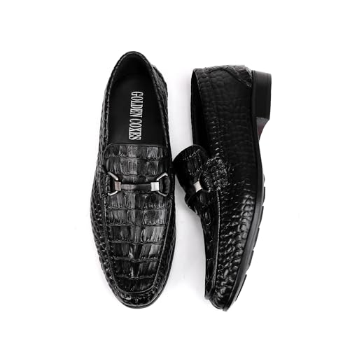 Golden COXES Formal Mens Leather Dress Shoes, Classic Alligator Ostrich Pattern Slip On Buckle Loafers Business Shoes Party Wedding Leather Loafers for Mens, Black4