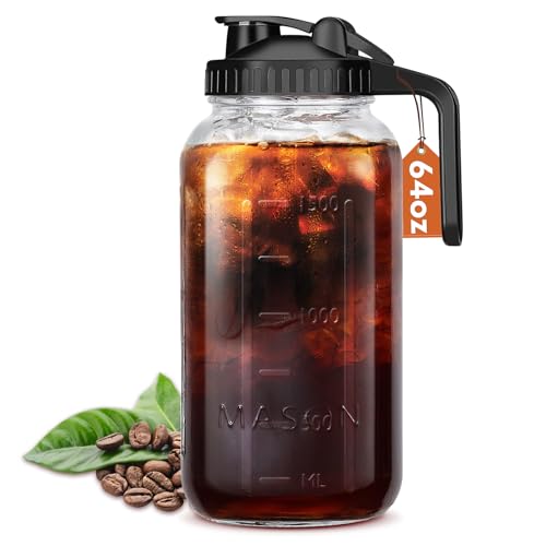 Image of Mihlapi Glass Pitcher with Lid, 64 OZ Mason Jar Pitcher Double Leak Proof, 2 Quart Breast Milk Storage Containers for Fridge, Wide Mouth Glass Jar for Sun Tea, Juice, Cold Brew Coffee
