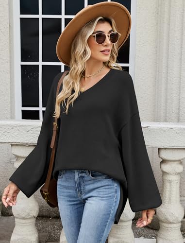 ZAFUL Women's Oversized Sweater 2025 Fall Casual V Neck Knit Side Slit Baggy Batwing Winter Long Sleeve Pullover Outfits2