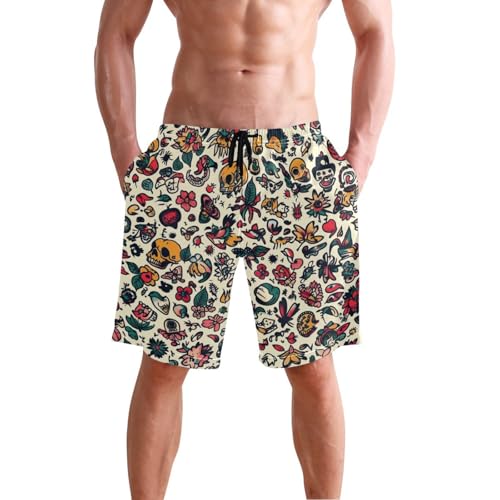 Quick Dry Retro Tattoo Men's Swimming Shorts Swim Trunks with Mesh Lining Beach Wear - S