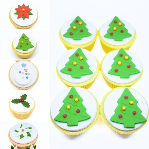12 árboles de Navidad, 12 acebos, 12 muñecos de nieve o 12 adornos comestibles para tartas de Navidad o magdalenas, decoración para tartas (12 árboles de Navidad)