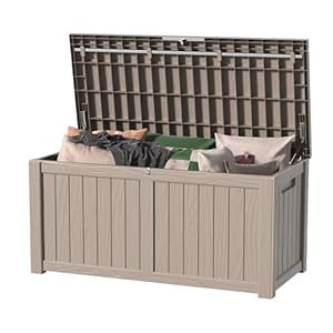 120 Gallon Outdoor Storage Box 120 Gallon Deck Box Waterproof Patio Furniture Garden Tools Cushions Pool Accessories Outside Storage Resin BoxLight Brown