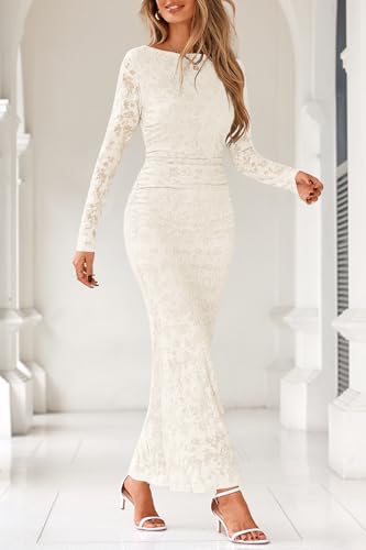 MITILLY Women\'s Formal Wedding Guest Dress Fall Elegant Floral Long Sleeve Bodycon Ruched Maxi Dresses Medium Apricot - Thumbnail 2