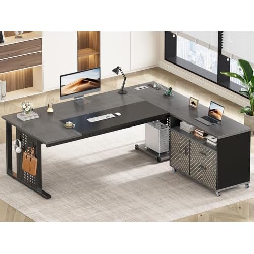 SEDETA 71" Executive Desk with Rolling File Cabinet, Large Office Desk with Drawers, L Shaped Computer Desk with Power Outlets, CPU Stand, Pegboard an