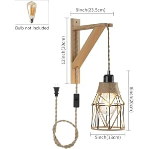 Industrial Plug in Wall Sconce Set of 2, with 8.2ft Hemp Rope Cord, On/Off Switch,Farmhouse Wall Light with Metal Shade and Wood Bracket for Bedroom Living Room. Industrial Plug in Wall Sconce Set of 2 with 82ft Hemp Rope Cord OnOff SwitchFarmhouse Wall Light with Metal Shade and Wood Bracket for Bedroom Living Room