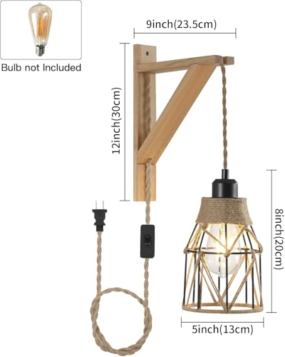 Industrial-Plug-in-Wall-Sconce-Set-of-2-with-82ft-Hemp-Rope-Cord-OnOff-SwitchFarmhouse-Wall-Light-with-Metal-Shade-and-Wood-Bracket-for-Bedroom-Living-Room Industrial Plug in Wall Sconce Set of 2 with 82ft Hemp Rope Cord OnOff SwitchFarmhouse Wall Light with Metal Shade and Wood Bracket for Bedroom Living Room