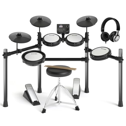 AODSK Electric Drum Set with Quiet Mesh Pads,Electronic Drum for Beginner,USB MIDI,Throne,Headphones,Sticks, Included 15 Kits and 195 Sounds (AED-403-Teenagers Beginners)