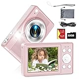Upgrade Kids Digital Camera - 56MP FHD 1080P with 16x Zoom, Anti-Shake, 32GB TF Card, Two Batteries, Lanyard - Compact Small Camera for Kids (Pink)
