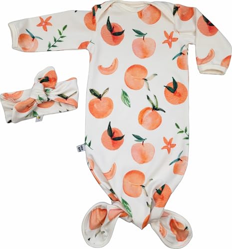 Image of TeoBee Soft cotton peach baby gown and headband set, stretchy knotted pajamas (0-3 months), sleeper