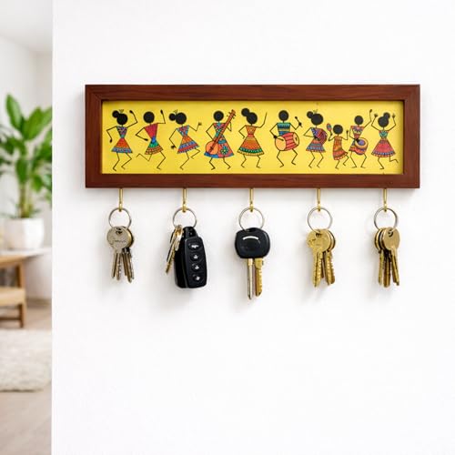 Image of Elephant Metal Key Hanger Without Drill| |Wall-Mounted Key Rack with 7 Hooks | Home Decor Organizer | Stylish Keychain Holder for Home & Office |No Drilling (Warli Art Key Holder)