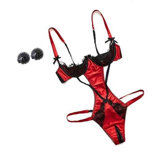 Dessous Camouflage Damen Dessous Set Spitzen Bodysuit Brustfrei BH Top Po Offen G String Tanga Korsett Clubwear Open Cup Lingerie (Watermelon Red-A,...