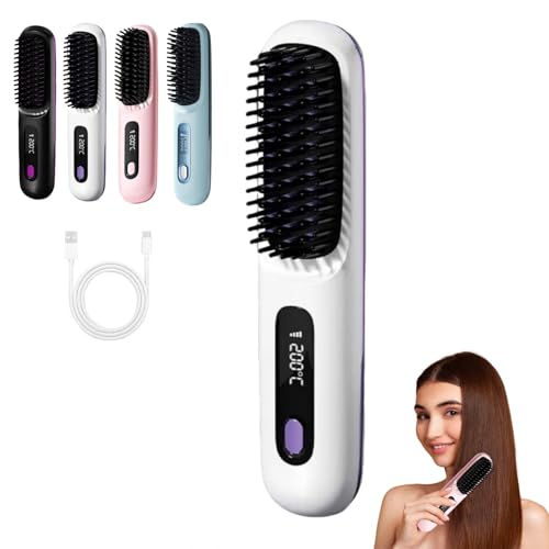 Brosse Chauffante pour Cheveux Courts, Brosse Lissante Sans Fil Portable 3 Niveaux de Chauffage et écran LED et Rechargeable via USB, pour Coiffer les Cheveux en Voyage et à la Maison (Blanc)