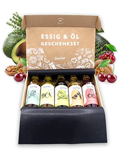 TIMBER TASTE® Essig & Öl Geschenkset Frauen [Vitalisierend] - 5 erlesene Essige & Speiseöle [5x40ml] - Kochbox Koch Set - Besonderes Geschenk Set zum Muttertag - Geschenkbox Muttertag für Mama