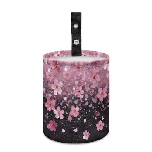Image of Pink Cherry Blossom Print Mini Car Trash Bin with Adjustable Buttons Car Garbage Can Multipurpose Car Storage Bag Collapsible Reusable