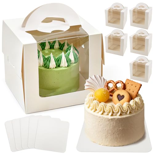 RAINFLOW 5Pack Cake Boxes with Windows 6.3x6.3x6 Inch Fits Under 5 Inch Cake Box with Portable Carry Handle & Board,Cakes Carriers Hold Cakes,Cookies,Pastries for Wedding, Birthday, Christmas, Party
