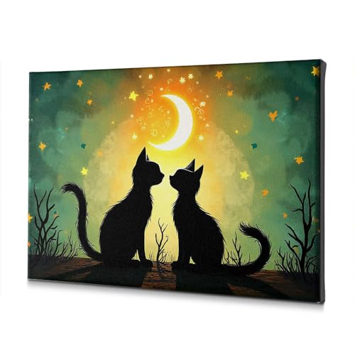 Toile decoration murale deux chats sous la lune, finition art 20x30cm