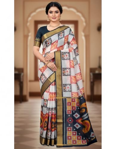 Image of AYYAPPASILK Women's Exclusive Ikkat Silk Saree for Designer Border with Contrast Blouse