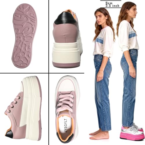 Image of Platform Sneakers For Women - (3 inch-3.5 inch )6cm Heel & 3cm Inner Lift, Comfortable Cushioned Arch Support, Non-Slip Casual Walking Shoes, Microfiber Leather Platform Shoes White Black Red Yellow