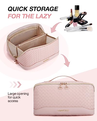 Image of BAGSMART Makeup Bag, Travel Cosmetic Bag Organizer, PU Leather Water-Resistant Pouch, Open Flat Makeup Storage for Toiletries, Brushes, PU Leather Pink