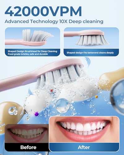 Image of Pink Electric Toothbrushes, with 4 Brush Heads, 1 Travel Toothbrush Case, for Adults and Kid Electric Toothbrush, Long 180-Day Battery Life, 6 Modes, IPX7 Waterproof, Smart 2-Minute Timer.