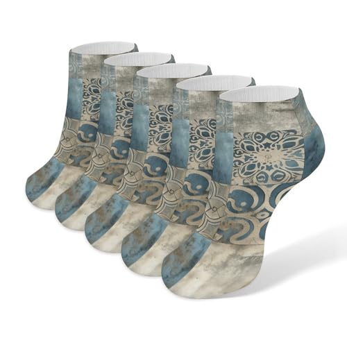 Blue Retro Pattern Ankle Socks 5-Pack, Breathable Casual Athletic Socks for Women Men, One Size (6-11)