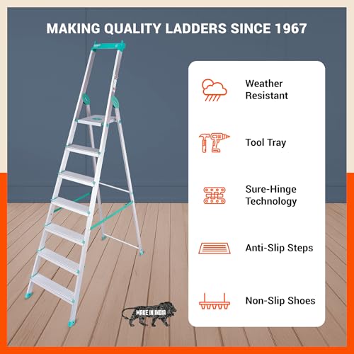 Image of Bathla Elevate 7-Step Foldable Aluminium Ladder for Home with Tool Tray | Anti-Skid | Durable, Heavy Duty, Safe & Stylish | 5-Year Warranty | Teal