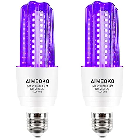 AIMEOKO 2 Pack LED Blacklight Bulbs 15W (100W Equivalent) E26 Base 120V, UVA Level 395-400nm, CFL Black Light for Glow in The Dark Party, Body Paint, Halloween, Fluorescent Poster Cover