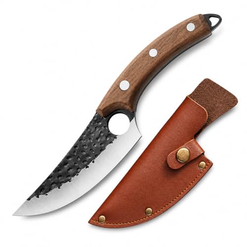 Image of Machado Forged Kitchen Utility Knife with Textured Grip Damascus Blade | Ergonomic Handle & Protective Sheath - Precision Cutting for Meat, Vegetables & Everyday Cooking - Brown