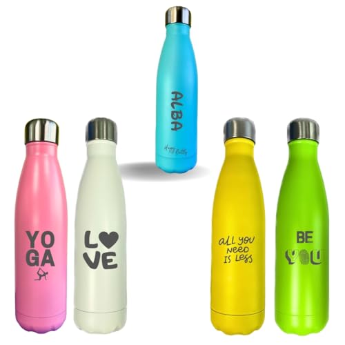 Botella térmica Nombre - Botella agua personalizada frase- Acero Inoxidable Doble pared - sin BPA -Bebidas frías 24h y Calientes 12h - Múltiples personalizaciones colores y tamaños (Amarillo, 350ml)