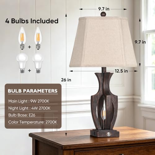 ROTTOGOON 26" Farmhouse Table Lamps Set of 2, 3-Way Touch Dimmable Nightstand Lamp with USB A+C Charging Port, Vintage Bedside Lamps with Dual Light Sources for Bedroom Nightstand End Table (Bronze) - Image 4