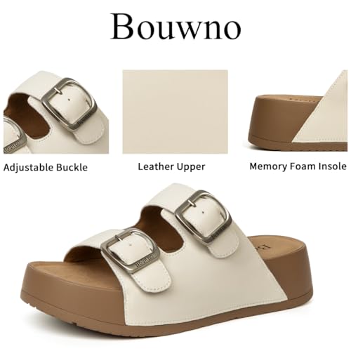 Image of Platform Sandals Women Genuine Leather Slip-on Beach Slide Buckle Comfortable Sandals with Memory Foam Soft Lining and Open Toe Low Wedges