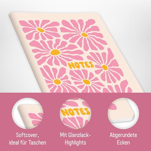 paper&you® Notizheft A6+ Punktraster Pink Flowers mit 64 Seiten, Notizbuch klein, Mini dotted Journal - nachhaltig & klimafreundlich