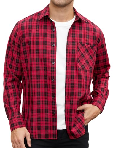 Enlision Camisa Hombre Manga Larga Rojo y Negro Camisas a Cuadros Leñador Casual Clásica para Hombre con Botones Bolsillo Regular Fit Tallas Grandes 3XL