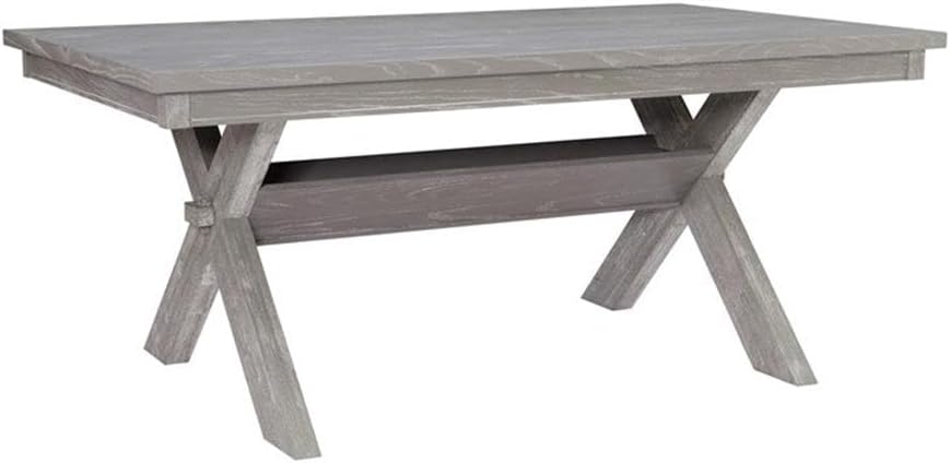 Pemberly Row Rectangular Wood Dining Table, 70" w x 42" d x 30" h, Smokey White Finish, Rubberwood MDF Ash Veneer, X-Base Trestle Design, Storage Shelf, Farmhouse Style Kitchen or Dining Room Table