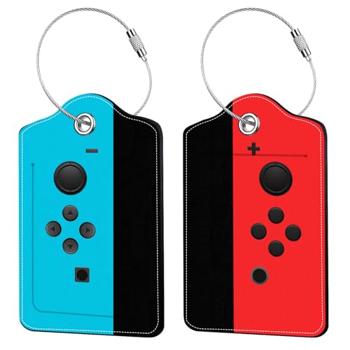 2 Pack Gamer Luggage Tags for Suitcase Leather Luggage Tags Funny Privacy Cover ID Label with Stainless Steel Loop & Address Card Video Game Travel Bag Tag Luggages Accessories for Suitcases
