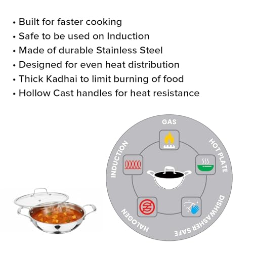 Image of Signoraware Artista Tri Ply Stainless Steel Shallow Kadhai 22cm with Glass Lid | Induction & Gas Compatible | Durable | Ideal for Stir Frying & Sauteing | Best for Curry & Gravies (2.1 LTR | Steel)
