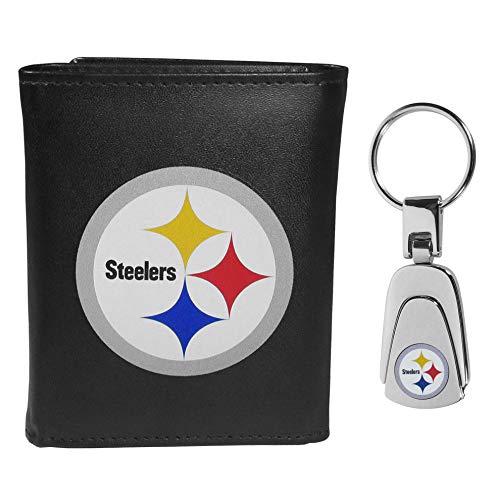 NFL Pittsburgh Steelers Mens Tri-fold Wallet & Steel Key Chain, Black, One Size